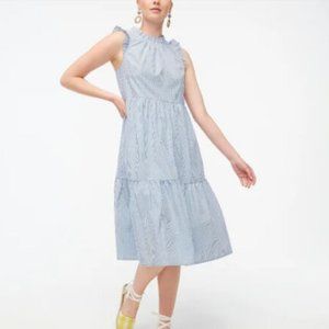 J crew Sleeveless Tiered Midi Dress Cotton Poplin Blue Stripe